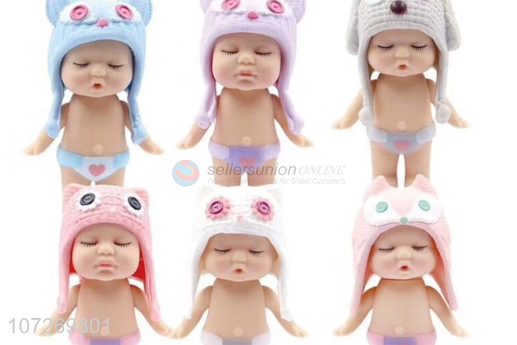 Hot sale cute vinyl toys 3.5 inch sleeping baby doll with cap