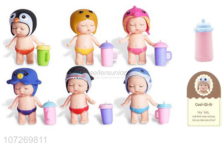 Cute design 3.5 inch vinyl sleeping baby doll drinking and peeing infant doll