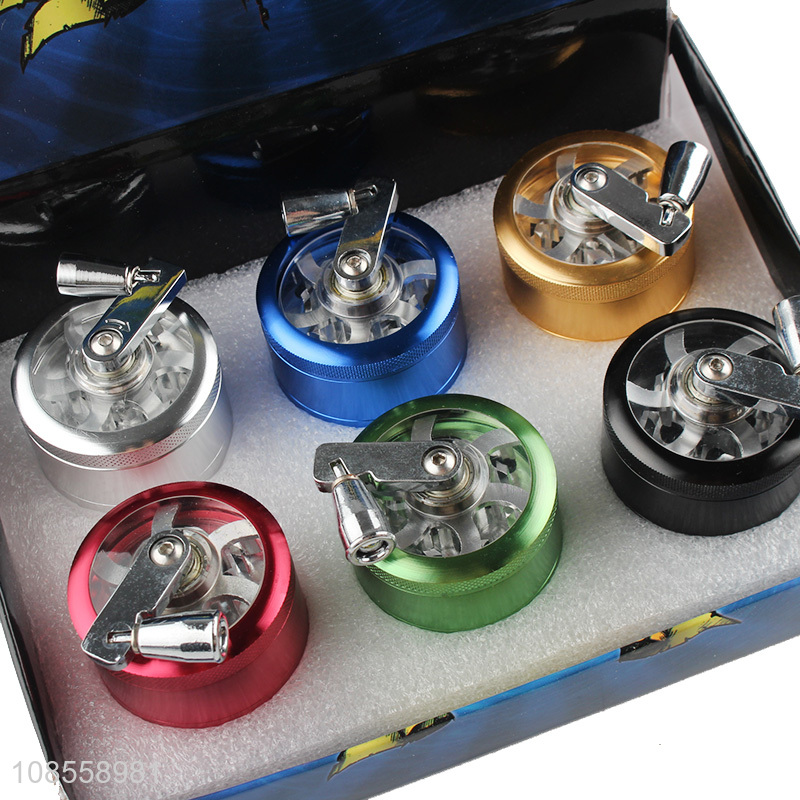 Wholesale 50mm 4 layered aluminum alloy spice tobacco grinders with hand crank